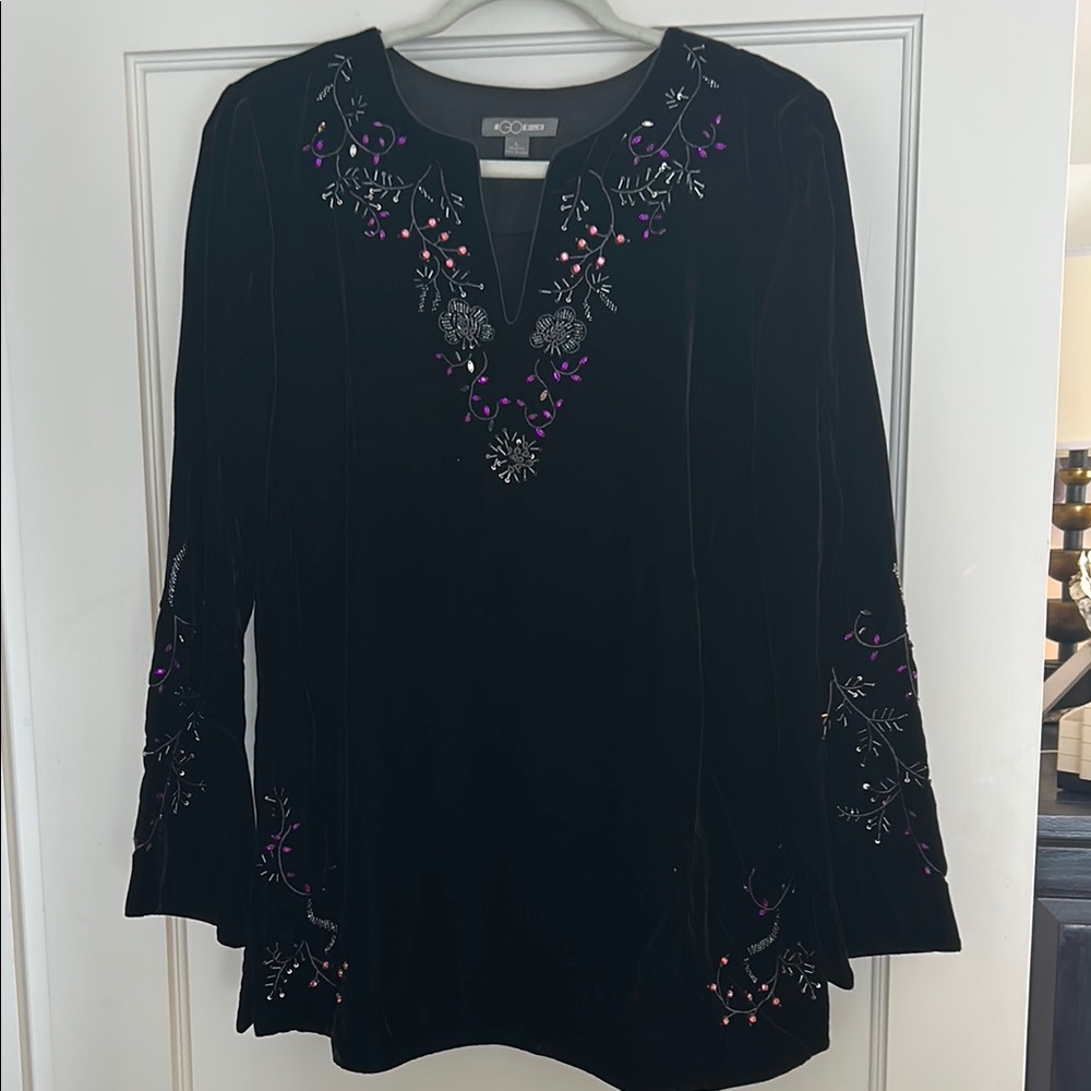 Elegant Black Tunic with Purple Embroidery